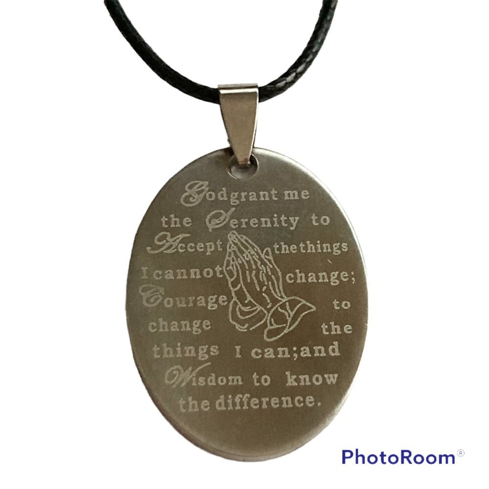 Serenity Prayer Necklace Stainless Steel Pendant Praying Hands Black Cord 18"